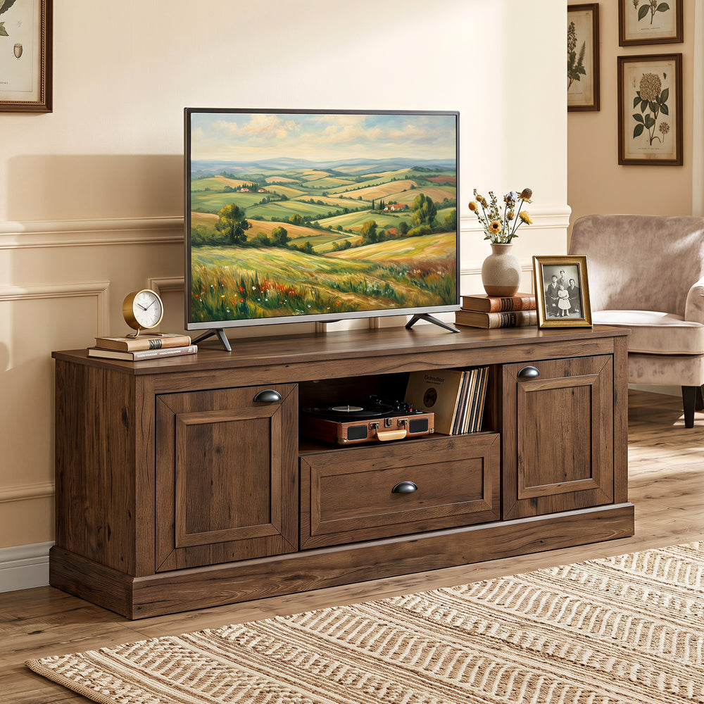 Retro farmhouse TV stand in brown with ample storage, designed for 70" TVs, featuring smooth-gliding drawer and cable management.