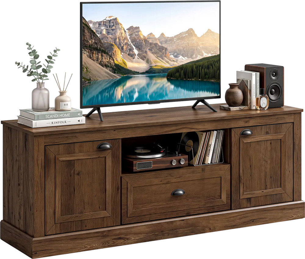 Retro farmhouse TV stand in brown with ample storage, designed for 70" TVs, featuring a wide tabletop and elegant wood grain finish.