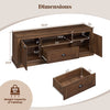 Retro farmhouse TV stand in brown with ample storage, designed for 70" TVs, featuring smooth-gliding drawer and cable hole.