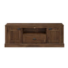 Retro farmhouse TV stand in brown with storage cabinets and open compartment, suitable for 70" TVs and easy cable management.