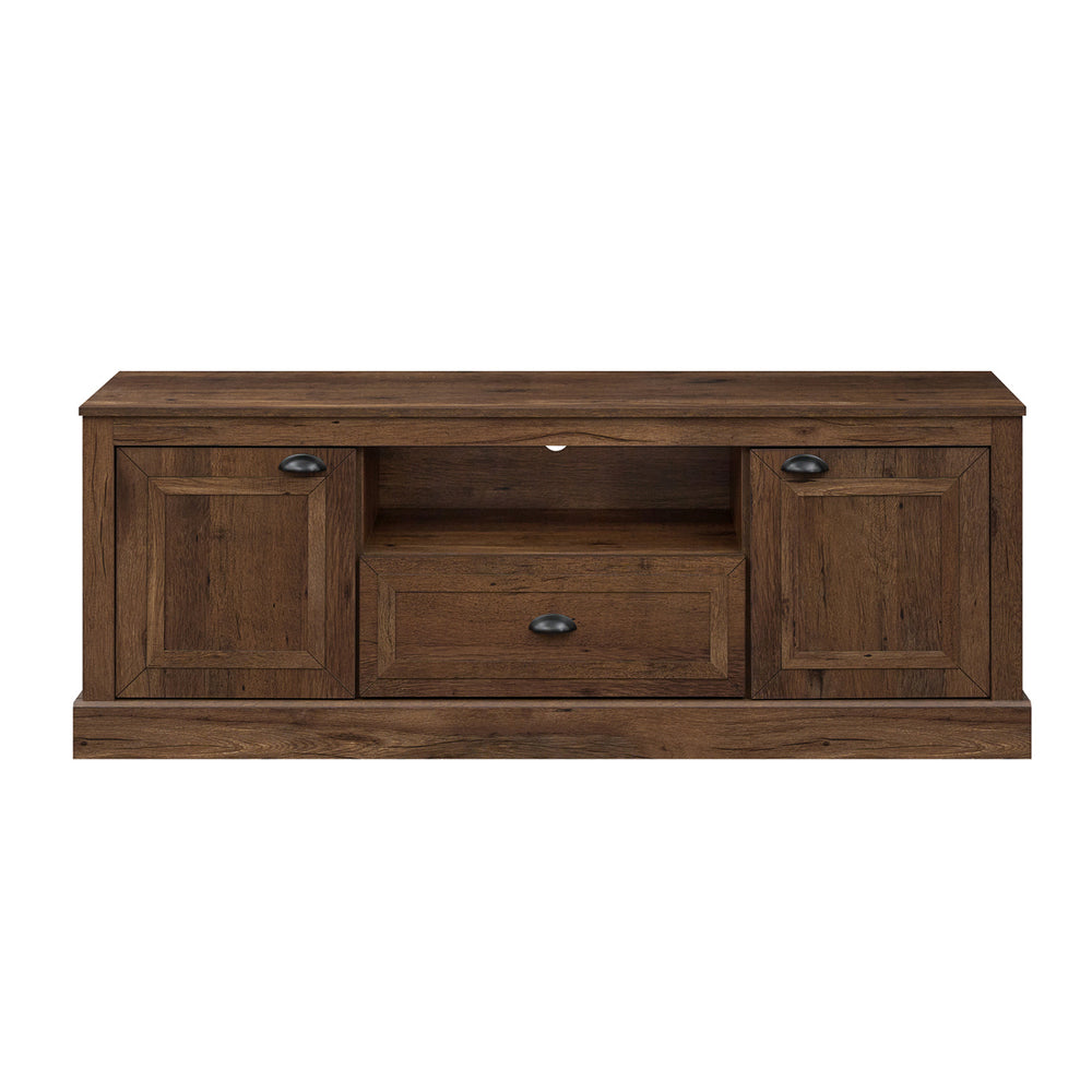 Retro farmhouse TV stand in brown with storage cabinets and open compartment, suitable for 70" TVs and easy cable management.