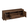 Retro farmhouse TV stand in brown with storage cabinets, open compartment, and smooth-gliding drawer for 70" TVs.