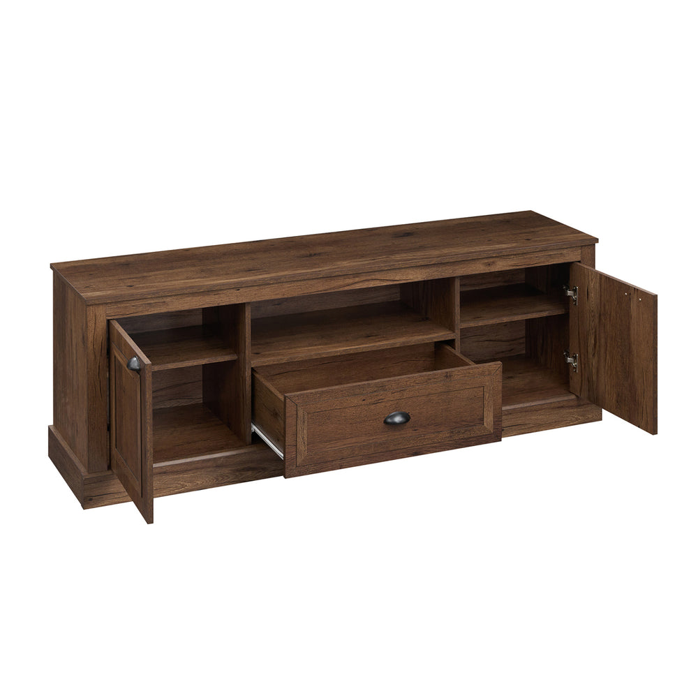 Retro farmhouse TV stand in brown with storage cabinets, open compartment, and smooth-gliding drawer for 70" TVs.