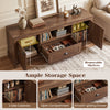 Retro farmhouse TV stand in brown with ample storage, featuring two side cabinets and a smooth-gliding drawer for organization.