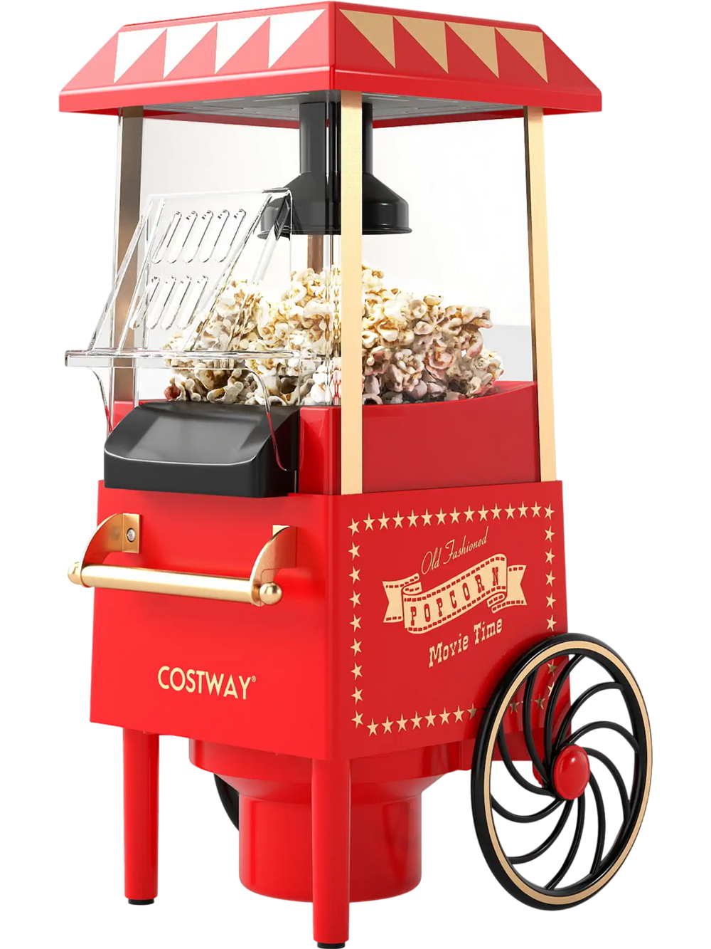 Retro hot air popcorn maker in red with measuring cup, producing oil-free popcorn for family movie nights.