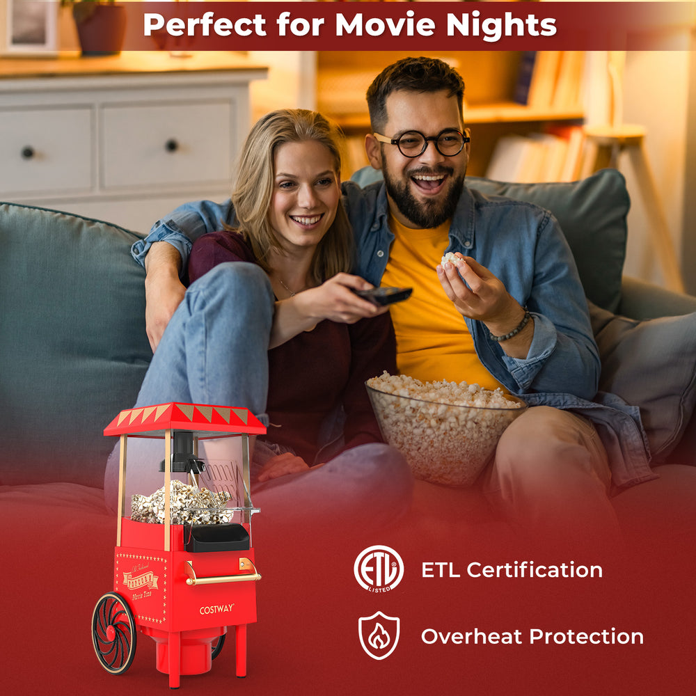 Retro hot air popcorn maker in red, 1200W, ETL certified, perfect for healthy movie nights with 12 cups of popcorn.