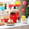 Retro hot air popcorn maker in red, 1200W, with measuring cup, perfect for healthy popcorn at family gatherings.