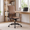 Ribbed brown PU leather office chair with adjustable height, high back support, and 360° swivel for home office comfort.