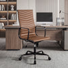 Ribbed high back office chair in brown PU leather with adjustable height and 360° swivel for home office comfort.