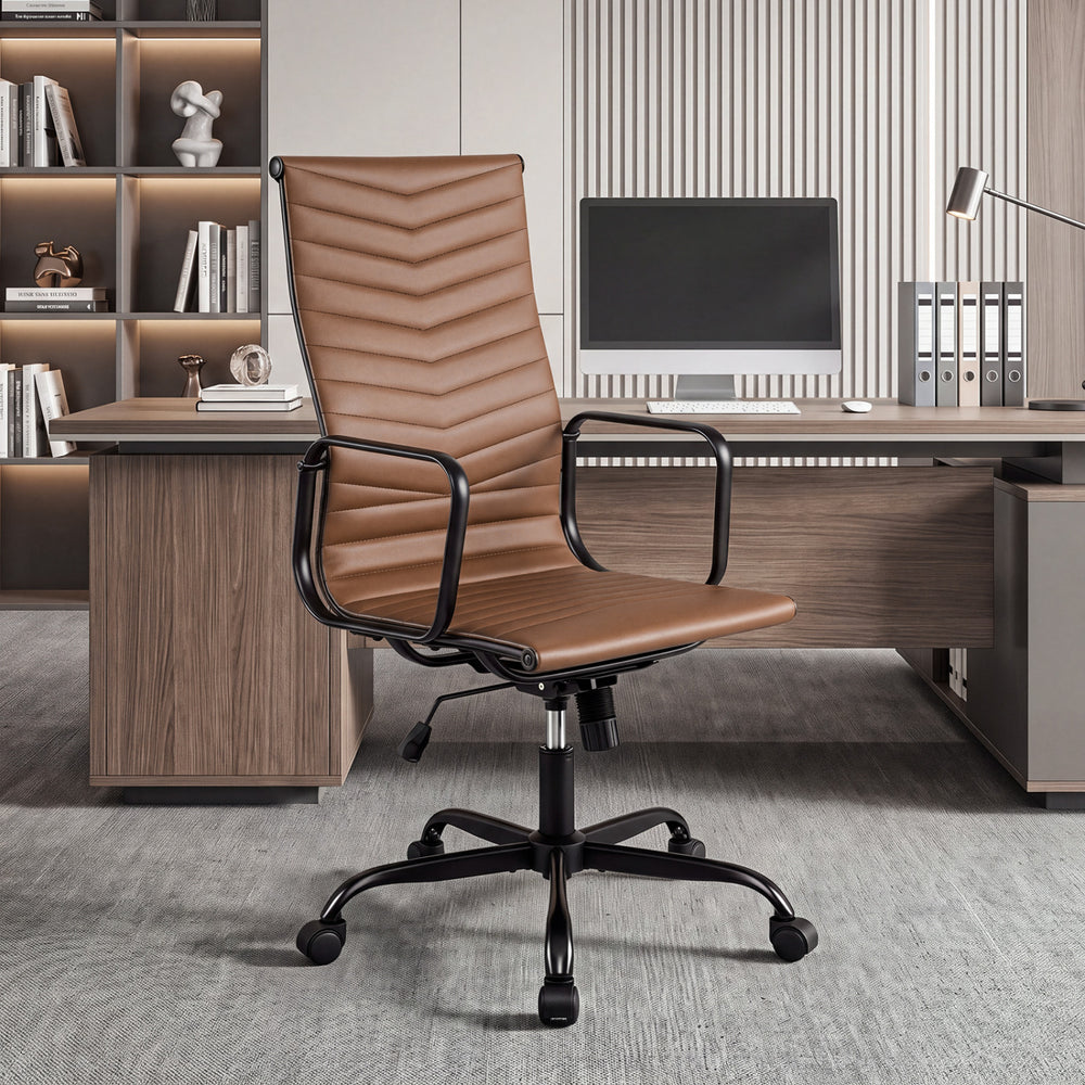 Ribbed high back office chair in brown PU leather with adjustable height and 360° swivel for home office comfort.