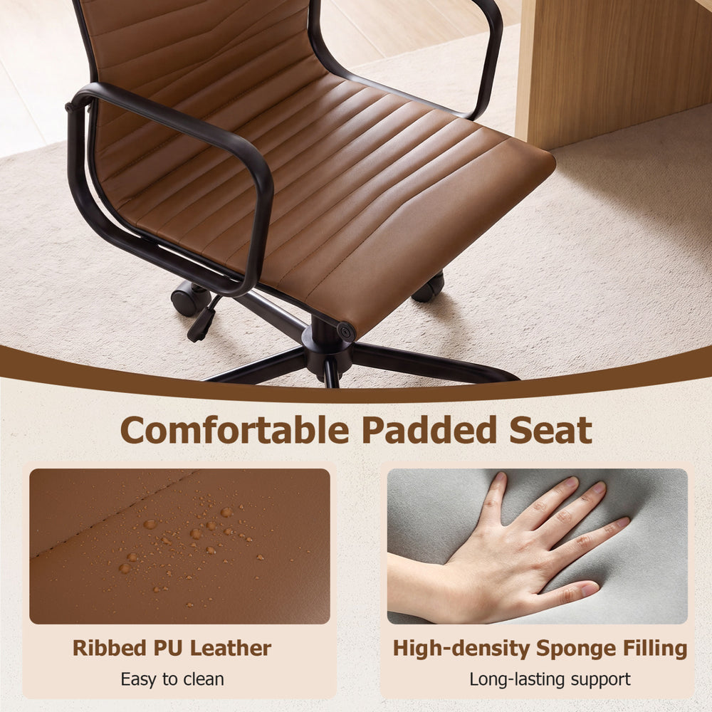 Ribbed PU leather office chair with high back, adjustable height, and soft sponge padding for all-day comfort.