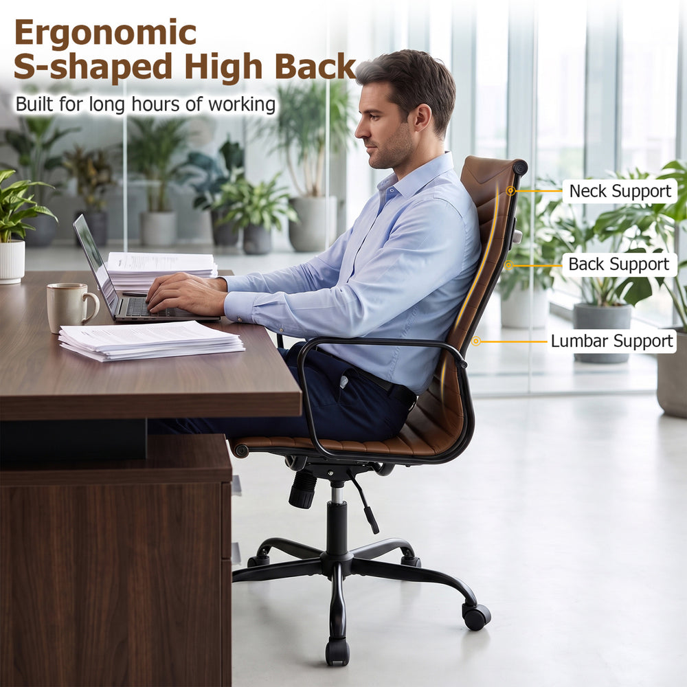 Ergonomic high back office chair in brown PU leather with adjustable height, providing neck, back, and lumbar support.
