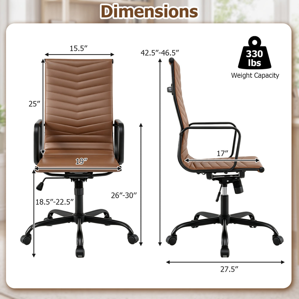 Ribbed brown PU leather office chair with adjustable height, high back support, and 360° swivel for home office use.