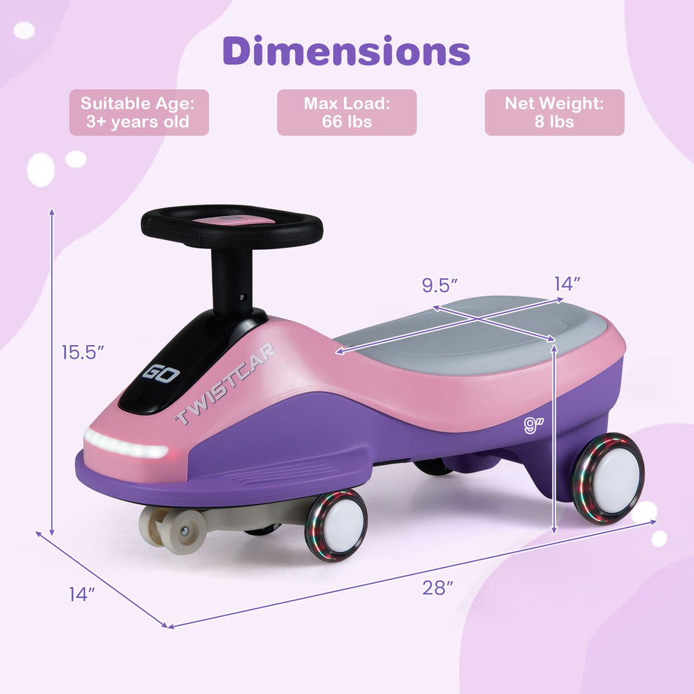 Ride-on car in pink with a 360° steering wheel, flashing wheels, and music speaker for kids aged 3+ years.