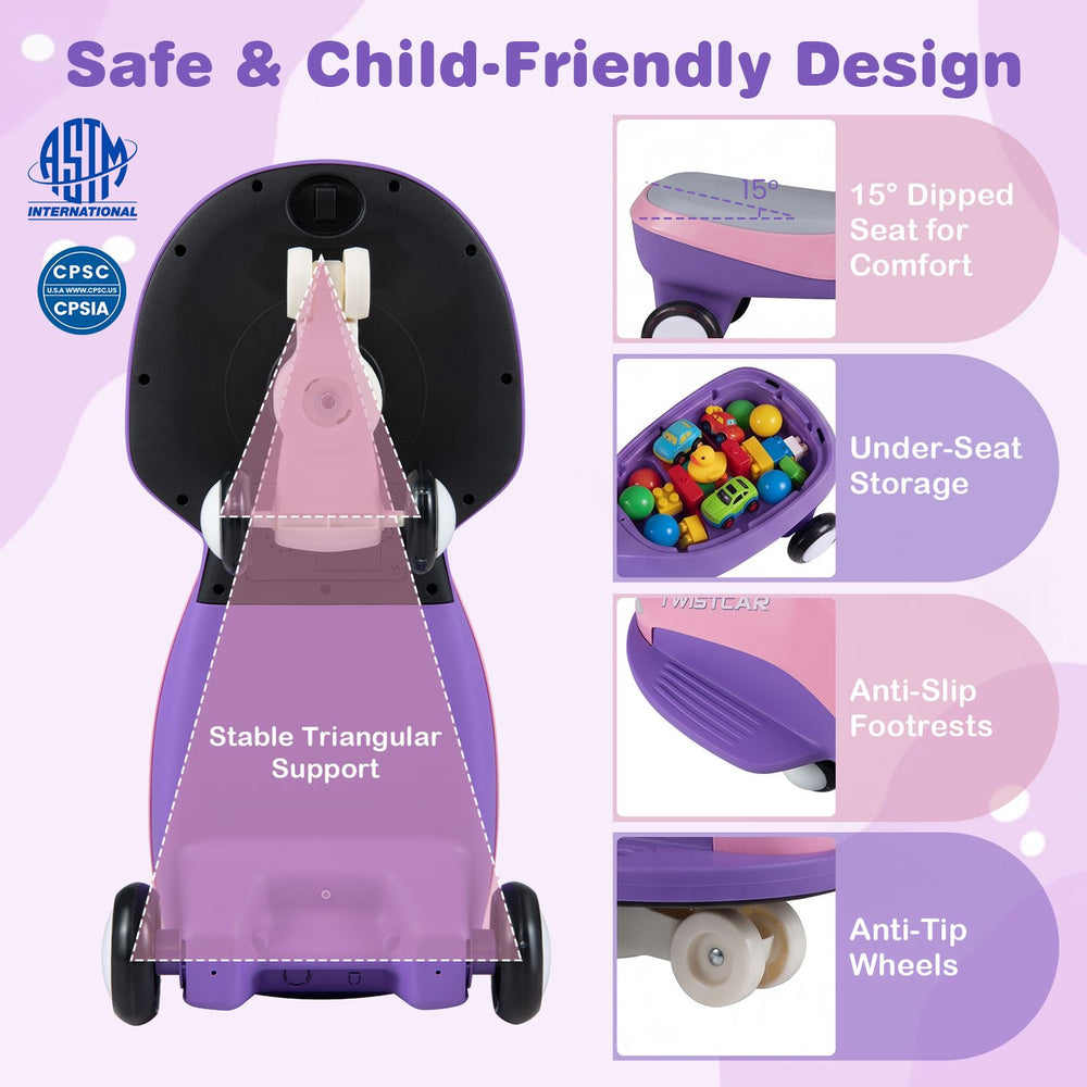 Ride-on car in pink features a 15° dipped seat, flashing wheels, and under-seat storage for children aged 3 and up.