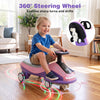 Ride-on car in pink with a 360° steering wheel, flashing wheels, and music speaker for kids aged 3 and up.