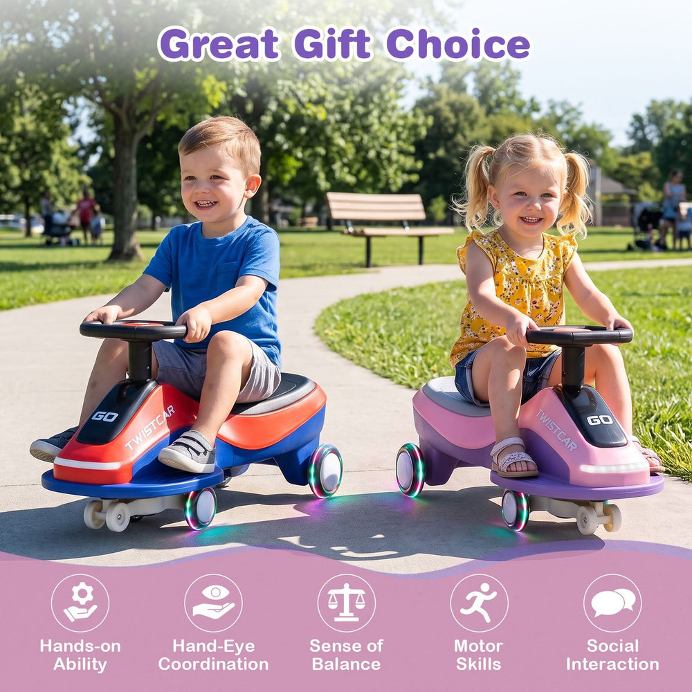Ride on car in pink with flashing wheels, front light, and music speaker, designed for children aged 3+ for indoor and outdoor fun.