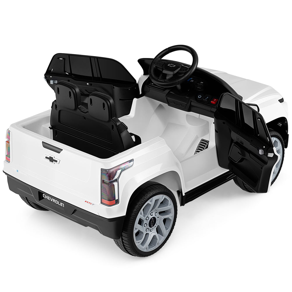 Licensed Chevrolet 12V ride-on truck in white with remote control, featuring realistic lights and spacious seating for.