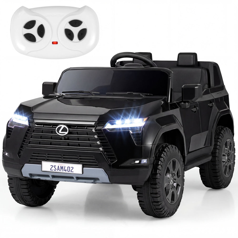 Black licensed LEXUS GX550 ride on car with remote control, 24V battery, and LED headlights for kids aged 3+.