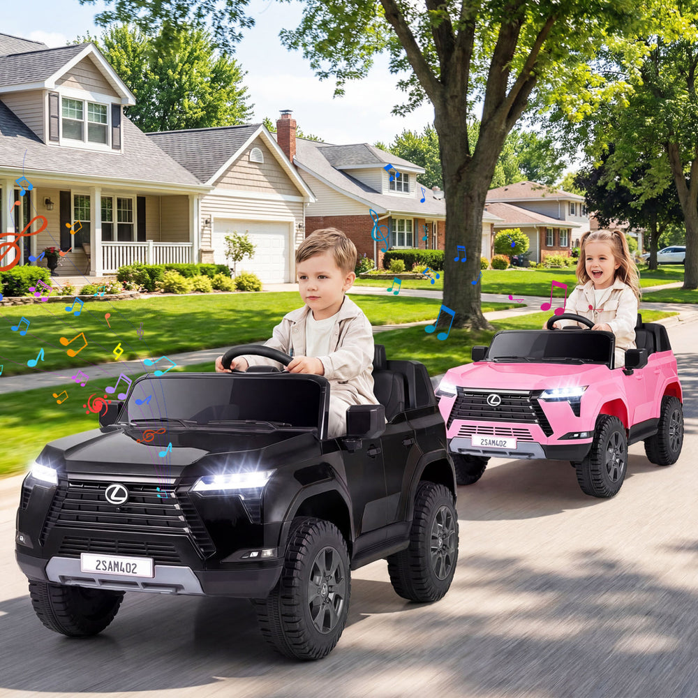 Two kids driving licensed LEXUS GX550 ride-on cars in black and pink, featuring remote control and music functions.