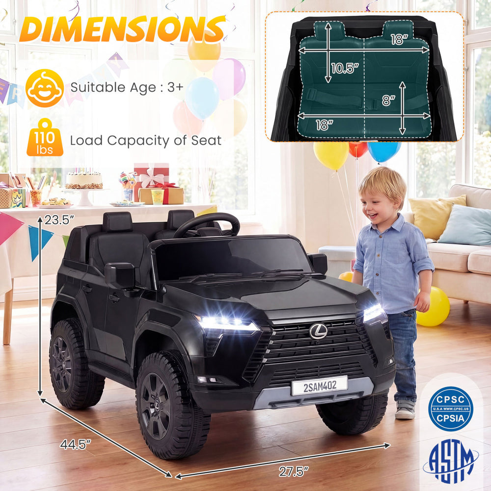 Black licensed LEXUS GX550 ride-on car for kids, featuring dimensions, safety belt, and remote control for ages 3+.