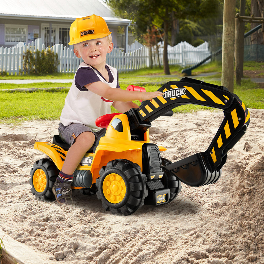 Ride-on push car bulldozer toy with working shovel, safety helmet, and shockproof tires for outdoor fun.