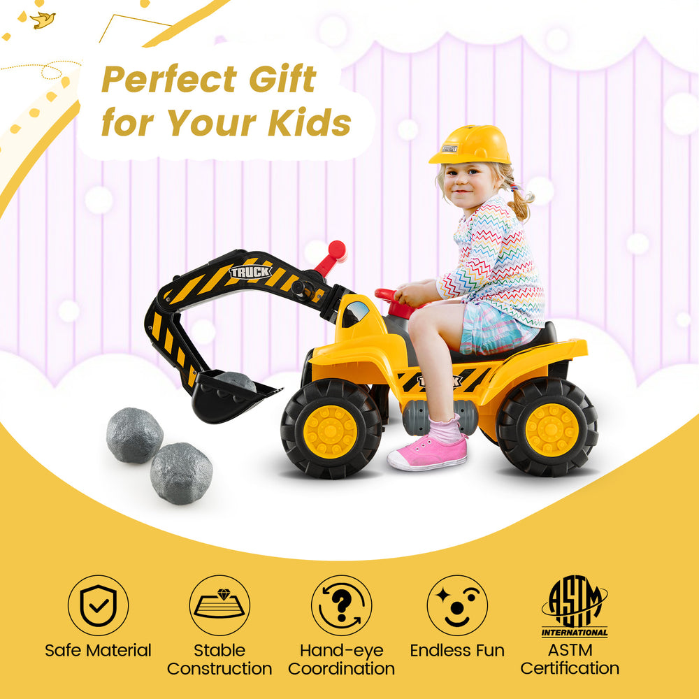 Ride-on push car bulldozer digger toy with safety helmet, working shovel, and ample storage for kids' essentials.