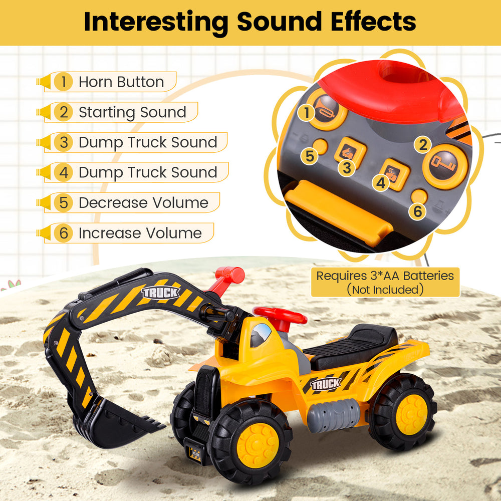Ride on push car bulldozer digger toy with working shovel, safety helmet, and multiple sound effects for fun playtime.