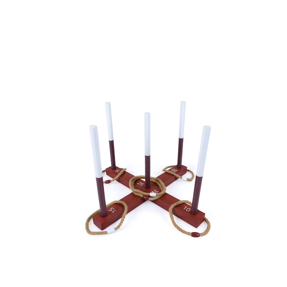 Ring toss game featuring a painted solid wood frame and six rope rings, perfect for indoor and outdoor fun.