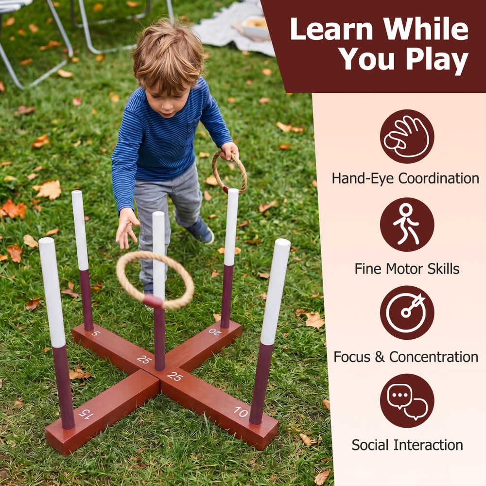 Ring toss game for kids and adults featuring a painted solid wood frame and 6 durable rope rings for outdoor fun.