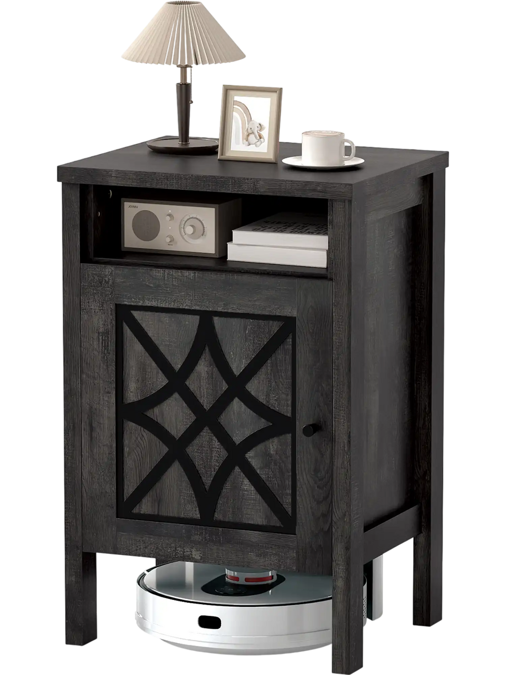 Gray robot vacuum storage cabinet with smooth metal hinges and spacious top, perfect for living room or bedroom use.