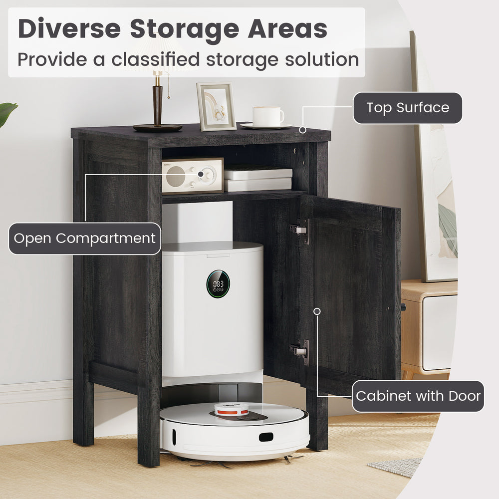Robot vacuum storage cabinet in gray with open shelf and door, ideal for living room or bedroom organization.