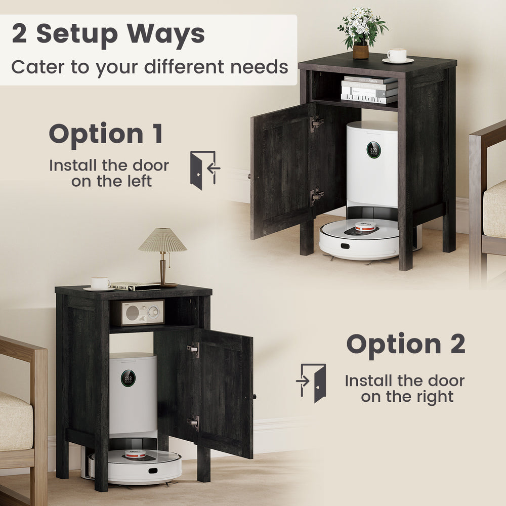 Robot vacuum storage cabinet in gray with two door installation options, featuring an open shelf for versatile use.