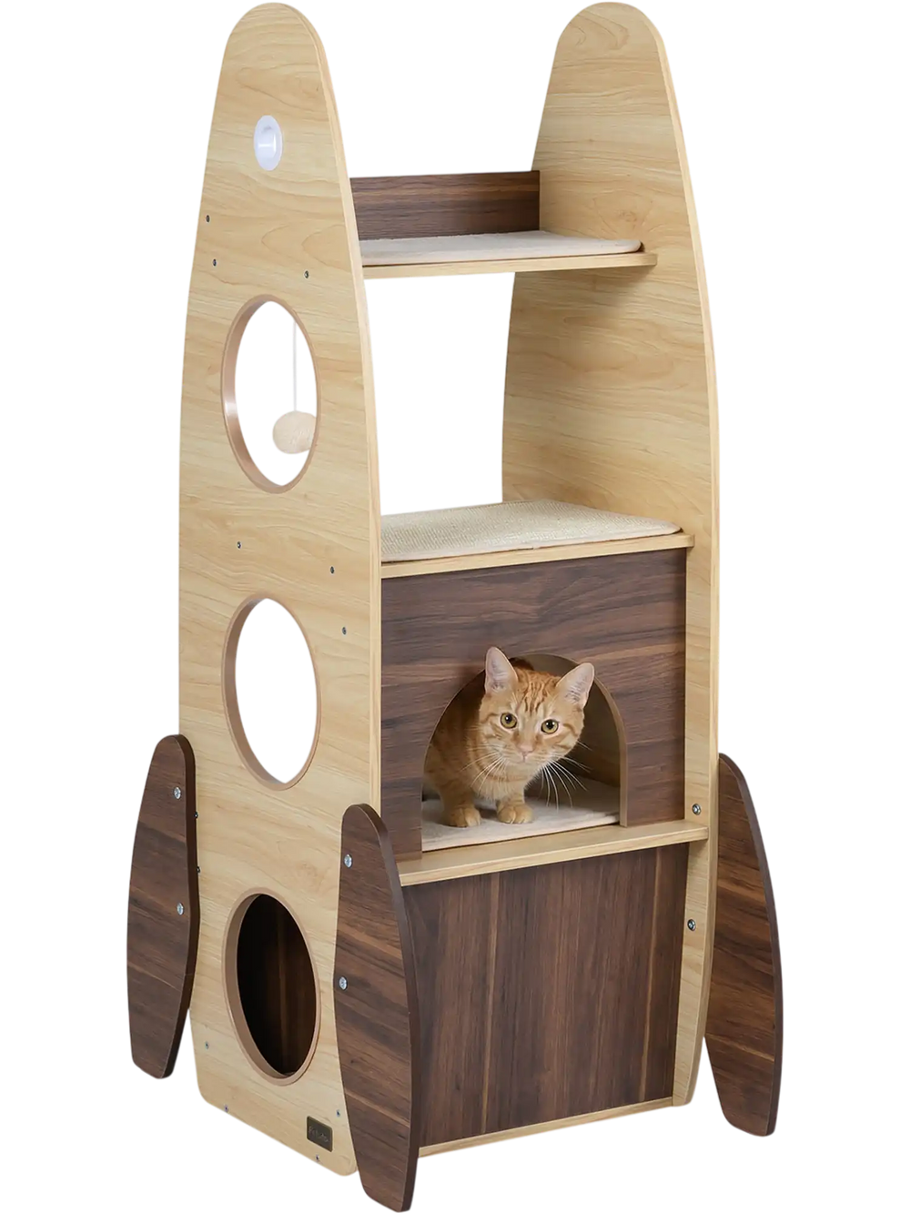 Rocket cat tree with multi-level design, natural wood finish, and private condo for indoor cats' exploration and play.