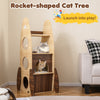 Rocket-shaped cat tree with multi-level design, natural wood, and cozy hideaway for indoor cats to explore and play.