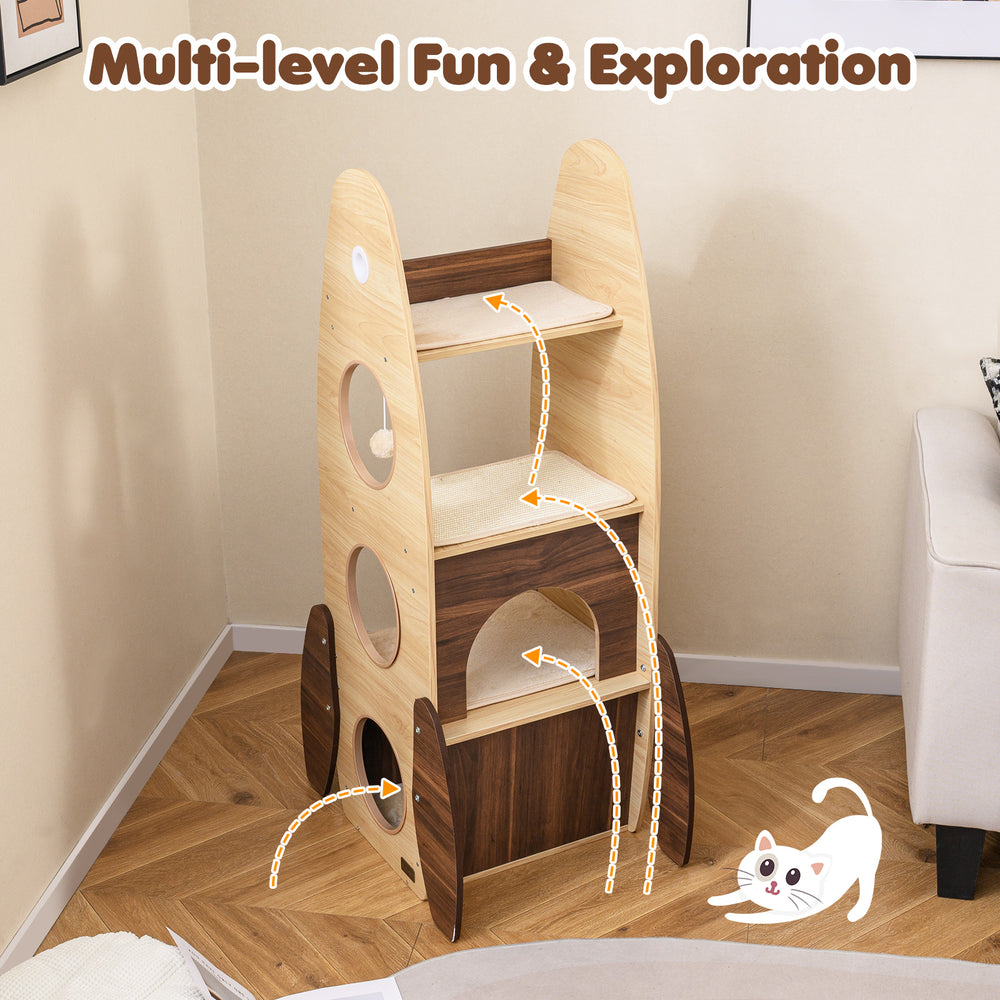 Rocket Cat Tree with multi-level design, natural wood finish, and private hideaway for indoor cats to explore and play.