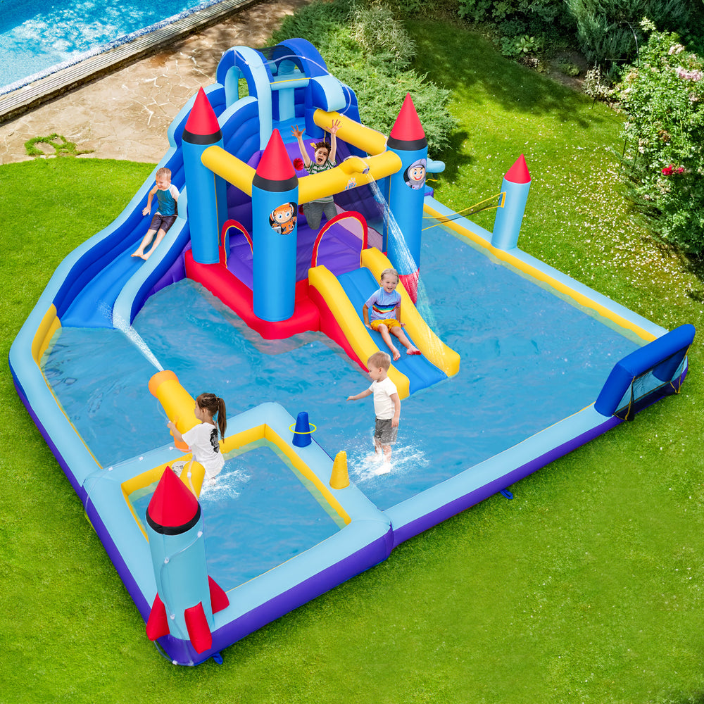 Rocket Theme Inflatable Water Slide Park with slides, splash pool, and various play areas for kids' summer fun.