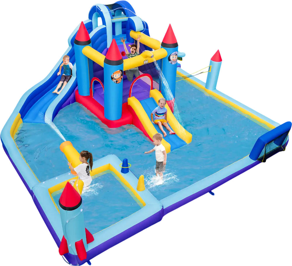 Rocket theme inflatable water slide park featuring slides, splash pool, and various play areas for summer fun.