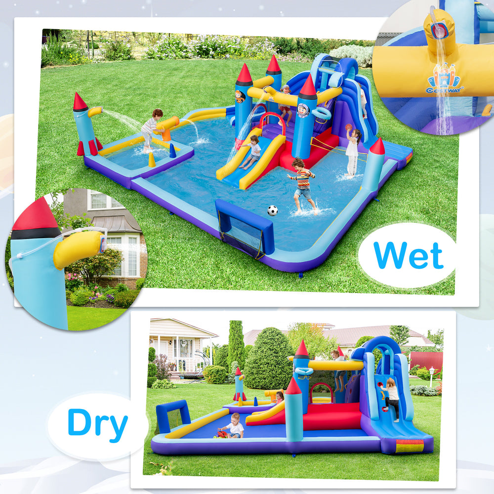 Rocket Theme Inflatable Water Slide Park featuring wet and dry play areas, slides, and a splash pool for year-round fun.