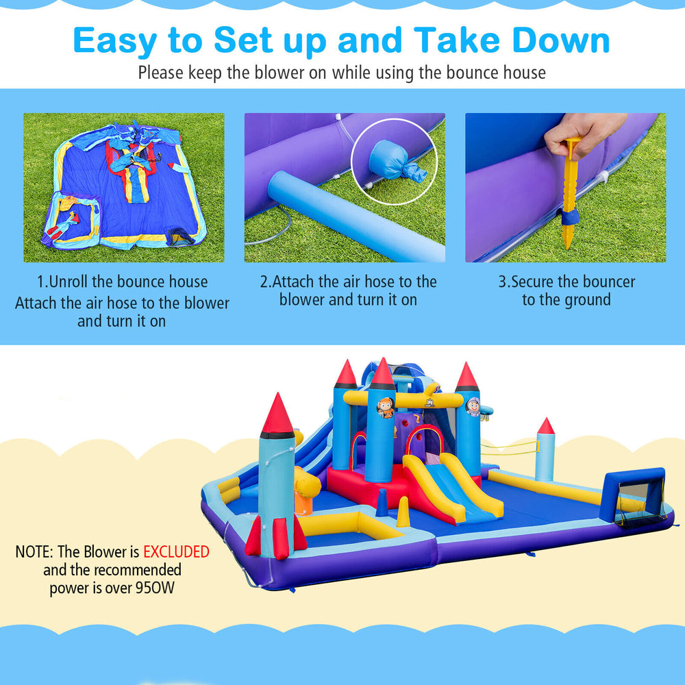 Rocket theme inflatable water slide park featuring slides, splash pool, and safety mesh, perfect for summer fun in the.
