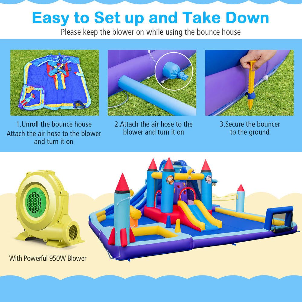 Rocket theme inflatable water slide park with 950W blower, featuring slides, splash pool, and safety mesh walls for fun.