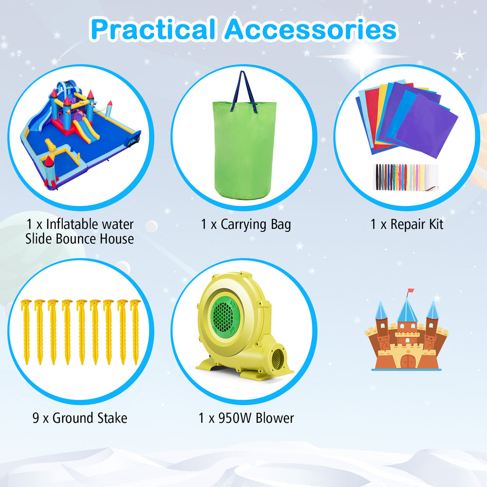 Rocket theme inflatable water slide park with 950W blower, featuring durable oxford cloth and various play areas for.