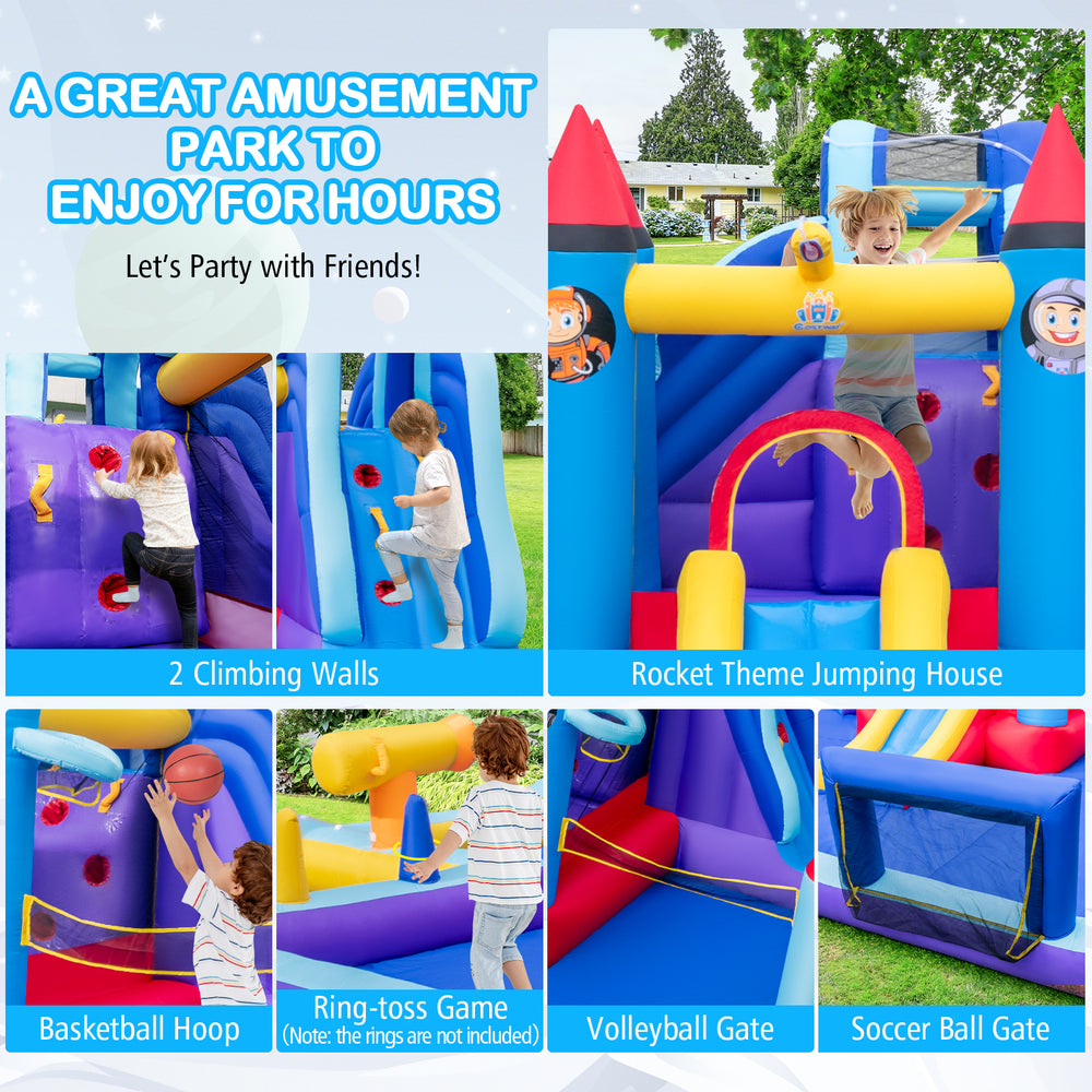 Rocket theme inflatable water slide park featuring climbing walls, basketball hoop, and splash pool for summer fun.