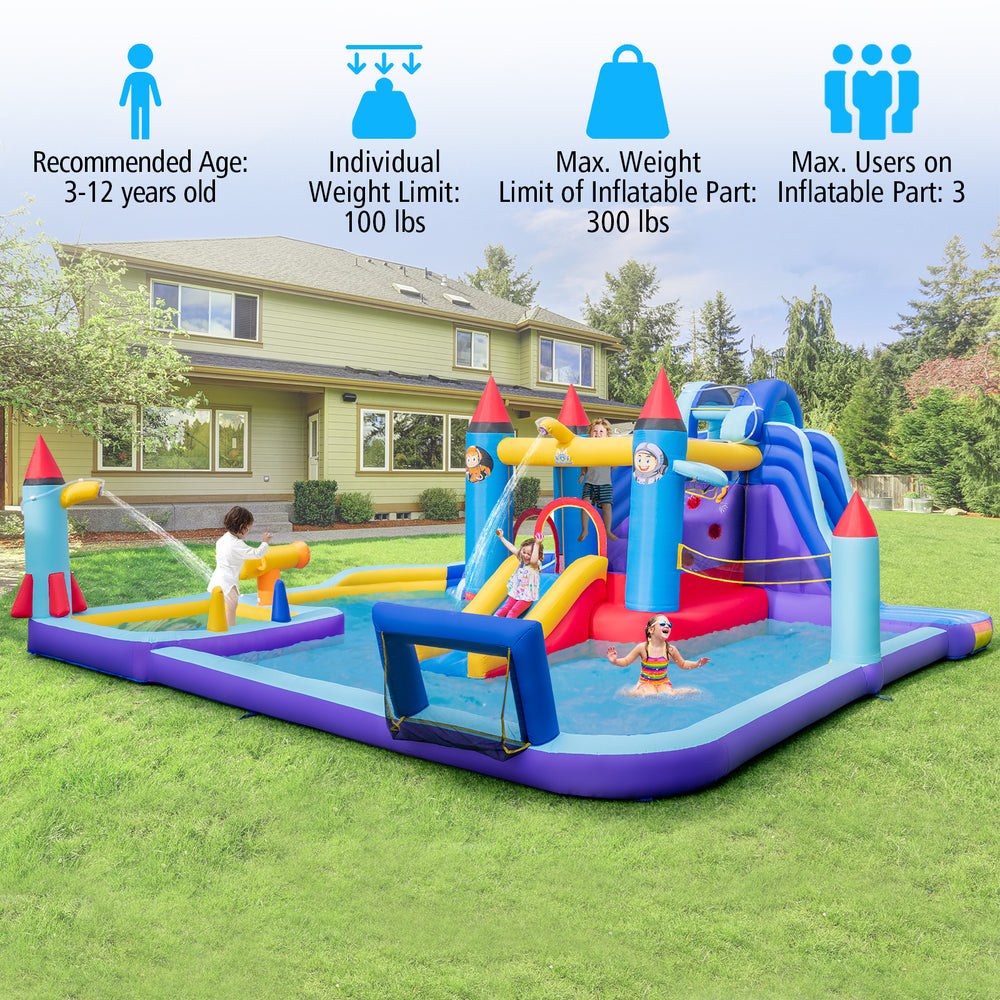Rocket theme inflatable water slide park with splash pool, slides, and water gun for kids' summer fun in the backyard.