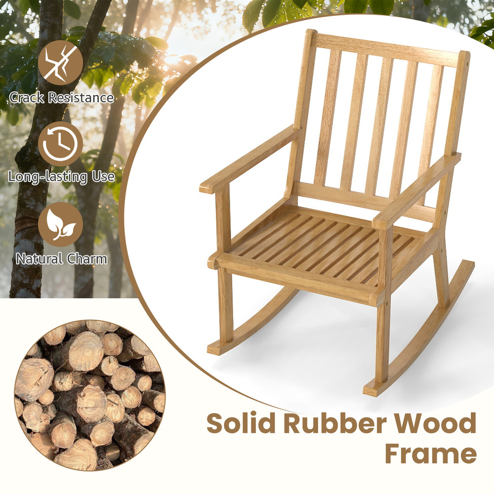 Natural rocking chair with solid rubber wood frame and padded seat, perfect for relaxation and comfort in any home.