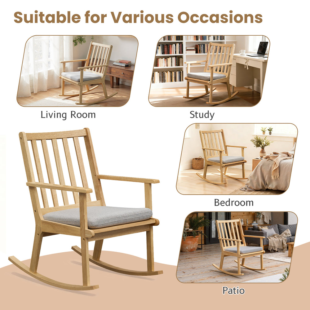 Natural solid rubber wood rocking chair with padded seat, ideal for living room, study, bedroom, or patio relaxation.