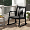 Black rocking chair with slatted back and curved armrests, featuring a comfy seat for outdoor relaxation.
