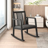 Black rocking chair with slatted back, curved armrests, and soft linen seat, perfect for relaxation in any room.