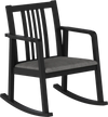 Black rocking chair with slatted back, curved armrests, and soft linen seat for comfortable relaxation.