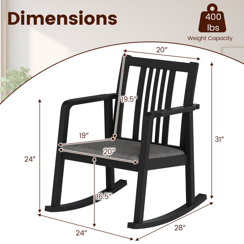 Black rocking chair with slatted back, curved armrests, and dimensions for ergonomic comfort and stability.